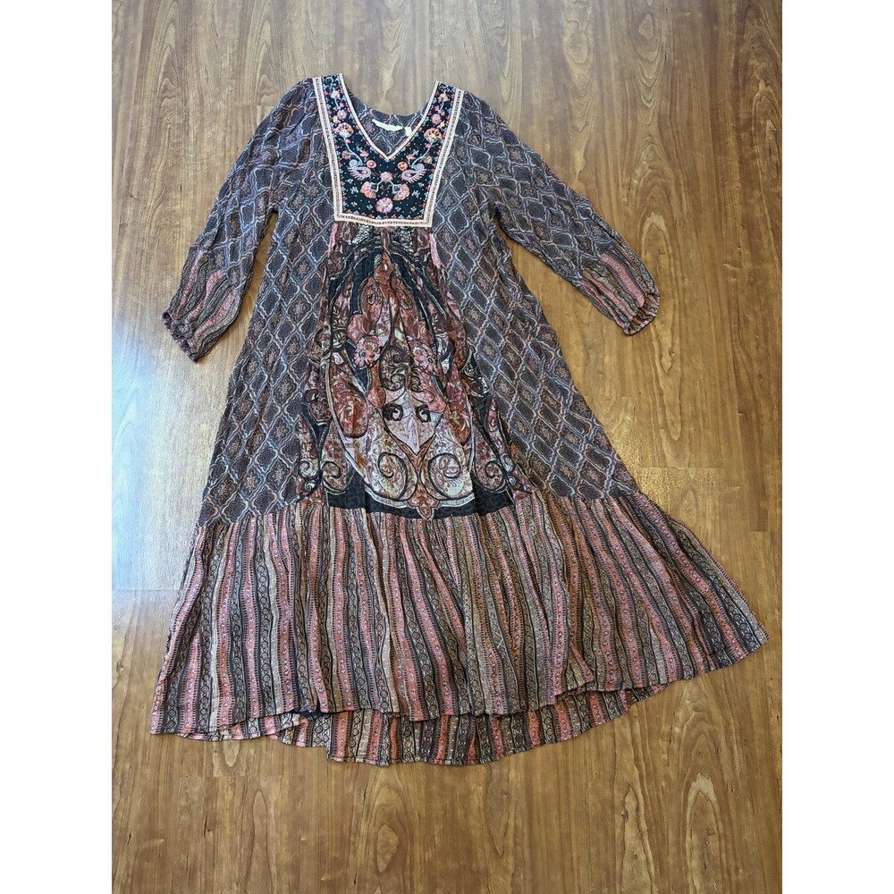 Soft Surroundings Sz PM Mosaic Boho Beaded Embroidered Peasant Floral Maxi Dress